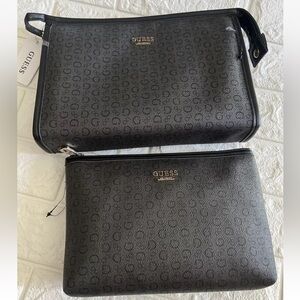 NEW 2 PC GUESS BLACK , LOGO DESIGN,TRAVEL BAG,COSMETIC POUCH